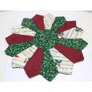Handmade Quilted Christmas Table Topper Reversible Holly Berry Music Notes 22”